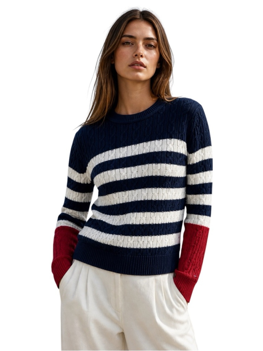 Tommy Hilfiger Red White Blue Cable Knit Sweater Women’s Size Large NWT